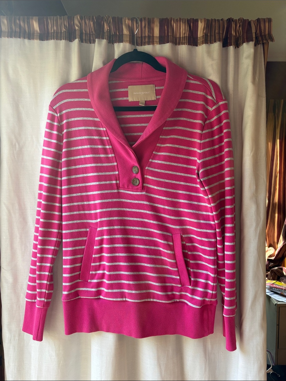 Banana Republic Pink and White Striped Shawl-Collar Sweater